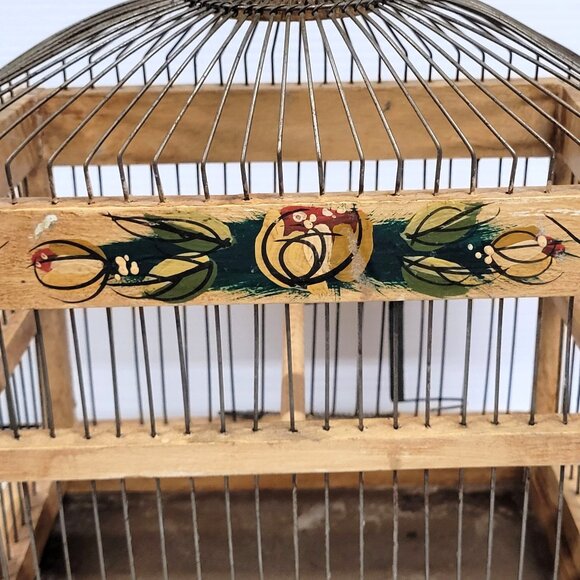 Wood Bird Cage Folk Victorian Tole Painted Flowers Wood Metal Tray Bottom - Picture 6 of 14
